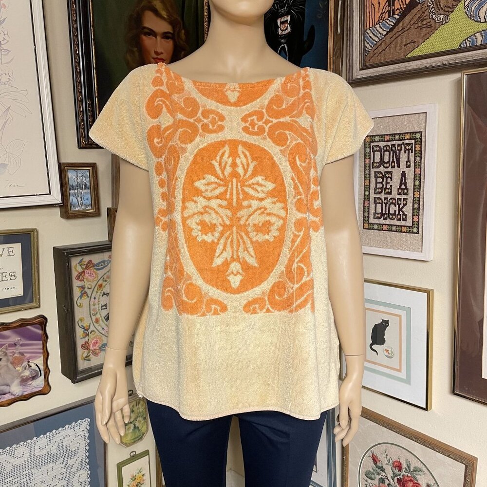 Plus Size Upcycled Vintage Orange and Yellow Terrycloth Top Size 2X